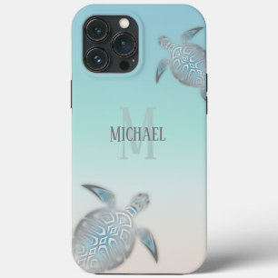 Silver Turtles Initials Your Name Turquoise Beige iPhone 13 Pro Max Case