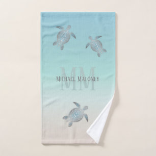 Silver Turtles Initials Your Name Turquoise Beige  Hand Towel