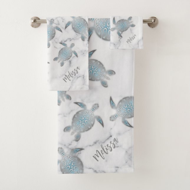 Silver Turtles Pattern Marble Bath Towel Set (Insitu)