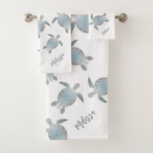 Silver Turtles Pattern White Coastal Bath Towel Set