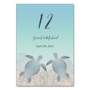 Silver Turtles Tropical Leaves Beach Wedding  Table Number