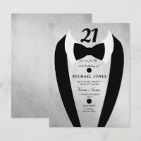 Silver Tuxedo Mens 21st Birthday Party Invite