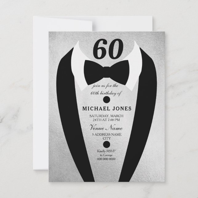 Silver Tuxedo Mens 60th Birthday Party Invite (Front)