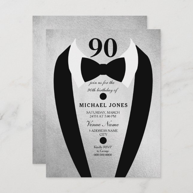 Silver Tuxedo Mens 90e anniversaire Invitation de  (Devant / Derrière)