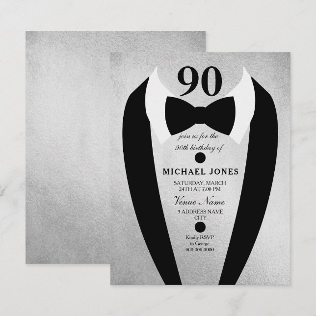 Silver Tuxedo Mens 90th Birthday Party Invite (Front/Back)