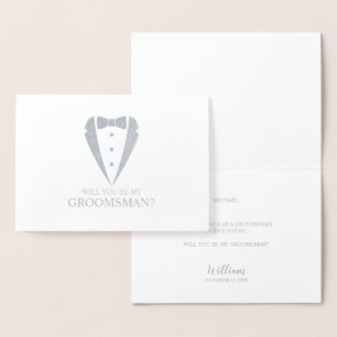 Silver Tuxedo Suit Personalized Groomsman Proposal Foil Card