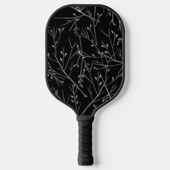 Silver Twigs on Black Pickleball Paddle (Front)