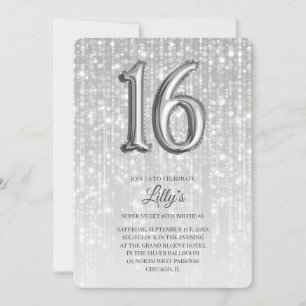 Silver Twinkle Lights Foil Balloon 16th Birthday Invitation