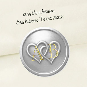 Silver Two Hearts Intertwined Monogram Wedding Classic Round Sticker