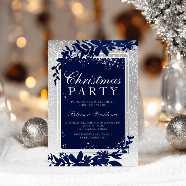 silver typography blue leaf snow elegant Christmas (silver typography blue leaf snow elegant Christmas Foil Invitation)
