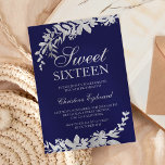 Silver typography floral navy blue chic Sweet 16 Invitation<br><div class="desc">Silver typography leaf floral navy blue chic sweet 16 birthday party with hand painted silver leaf foliage. The navy blue background is fully customizable</div>