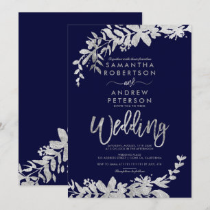 SIlver typography floral navy blue chic wedding Invitation