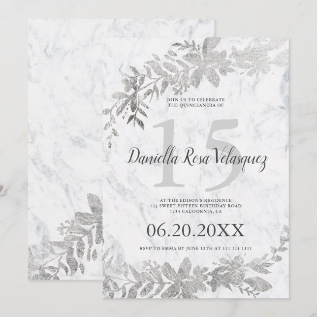 Silver typography Floral white marble quinceanera Invitation (Front/Back)