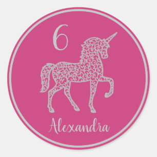 Silver Unicorn birthday party Own name Classic Round Sticker