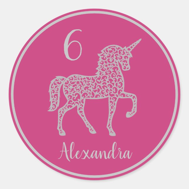 Silver Unicorn birthday party Own name Classic Round Sticker (Front)