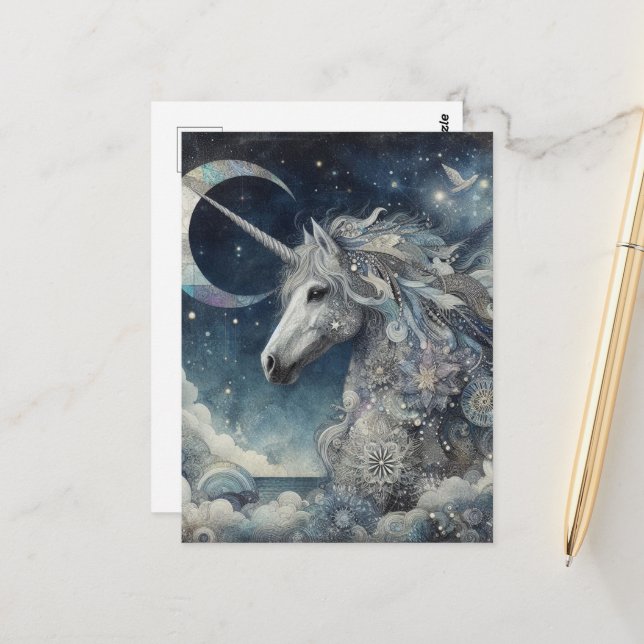 Silver Unicorn Collage With Moon Postcard (Front/Back In Situ)