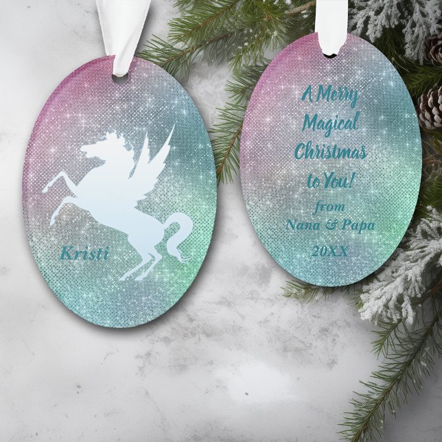 Silver Unicorn on Holiday Sparkle Personalized Ornament (Creator Uploaded)