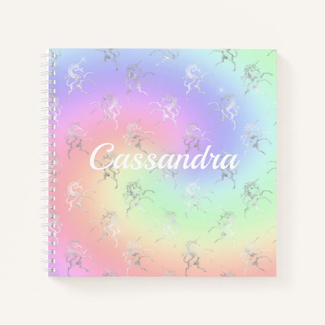 Silver Unicorn Pastel Ombre Monogram Sketchbook Notebook (Front)