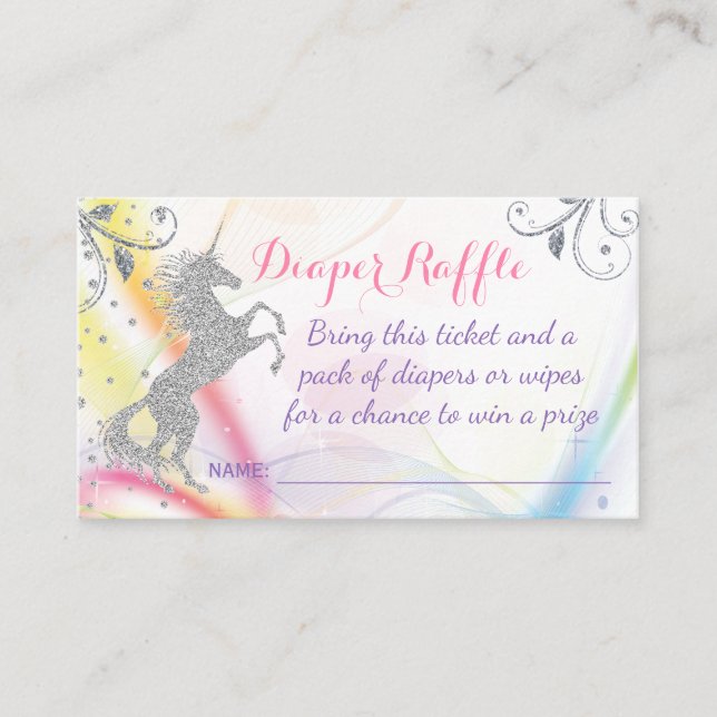 Silver Unicorn Rainbow Diaper Raffle Tickets (Front)