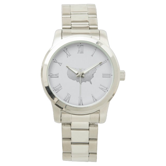 Silver USA Map with Roman Numerals – Elegant Jewel Watch (Front)