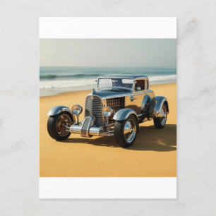 Silver vintage car on the beach postcard