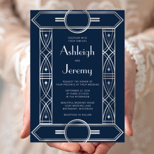 Silver Vintage Deco Frame Navy Blue Wedding Invitation