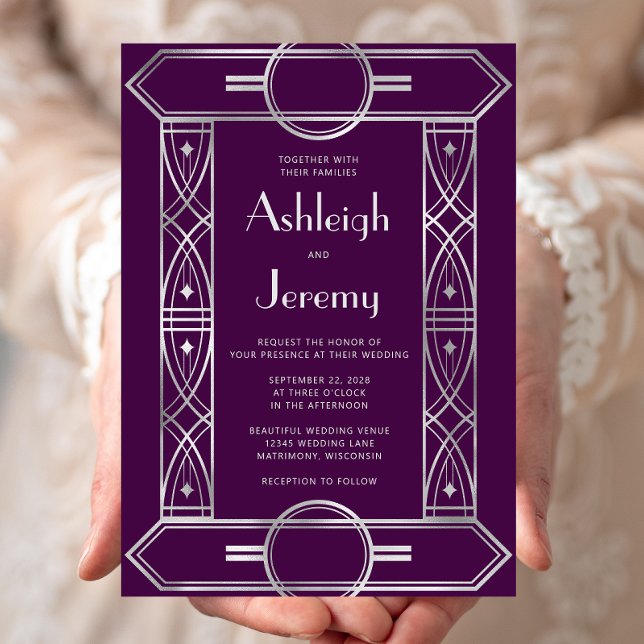 Silver Vintage Deco Frame Purple Wedding Invitation (Creator Uploaded)