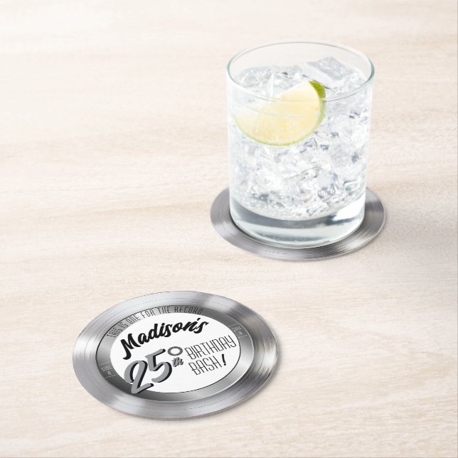 Silver Vinyl Record Retro 25th Birthday Party Round Paper Coaster (Insitu)