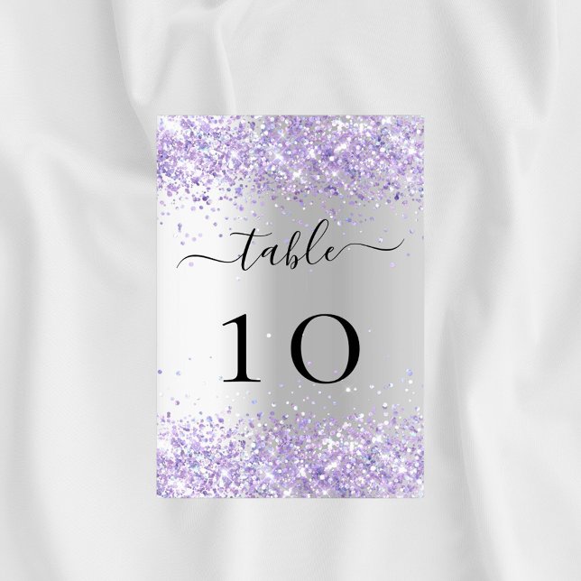 Silver violet lavender confetti wedding table number (Creator Uploaded)