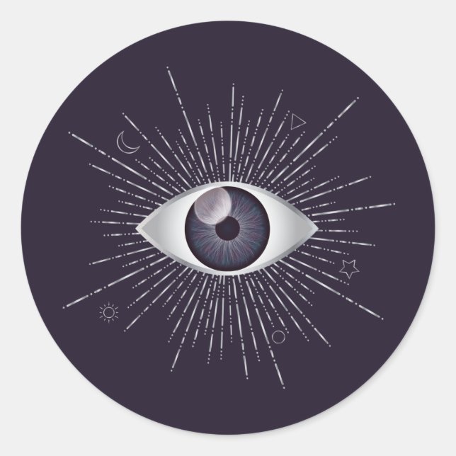 Silver & Violet Mystic Evil Eye Nazar Mati Classic Round Sticker (Front)