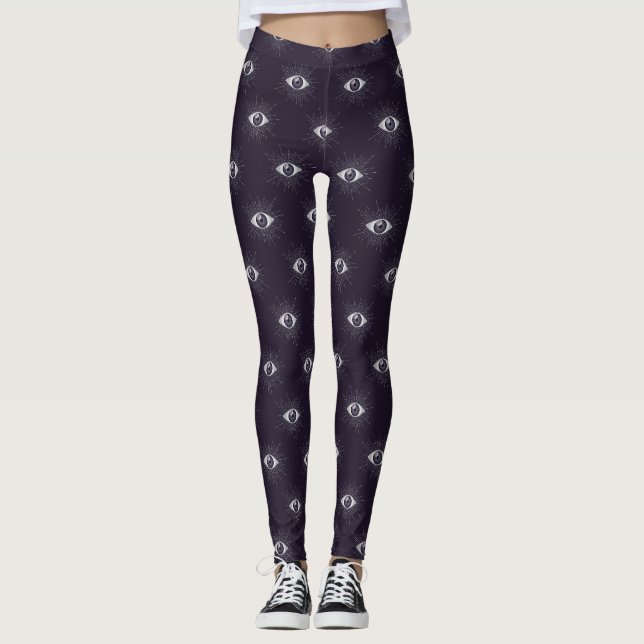 Silver & Violet Mystic Evil Eye Nazar Mati Leggings (Front)