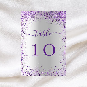 Silver violet purple wedding table number card