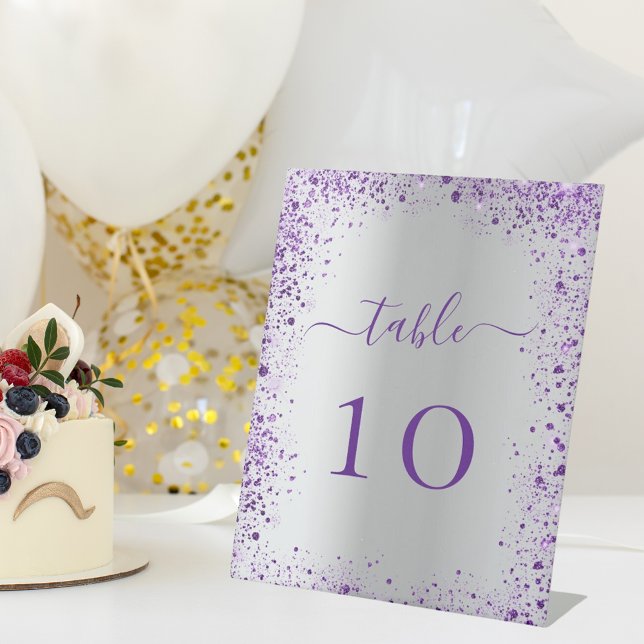 Silver violet purple wedding table number pedestal sign (Creator Uploaded)