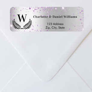 Silver violet sparkles monogram return address