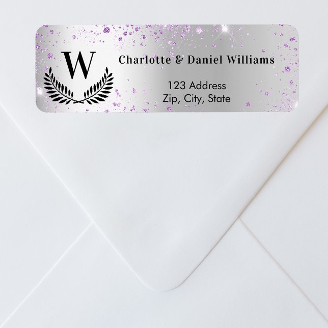Silver violet sparkles monogram return address (Creator Uploaded)