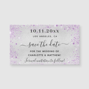Silver violet wedding save the date magnet
