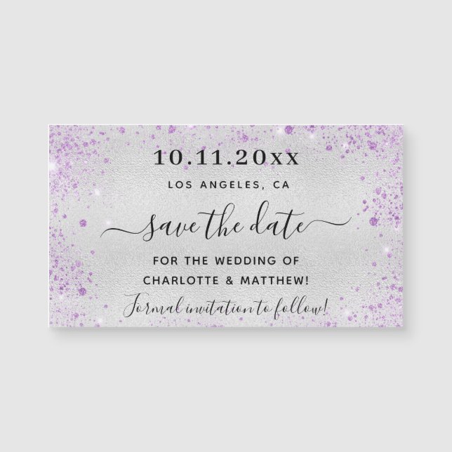 Silver violet wedding save the date magnet (Front)