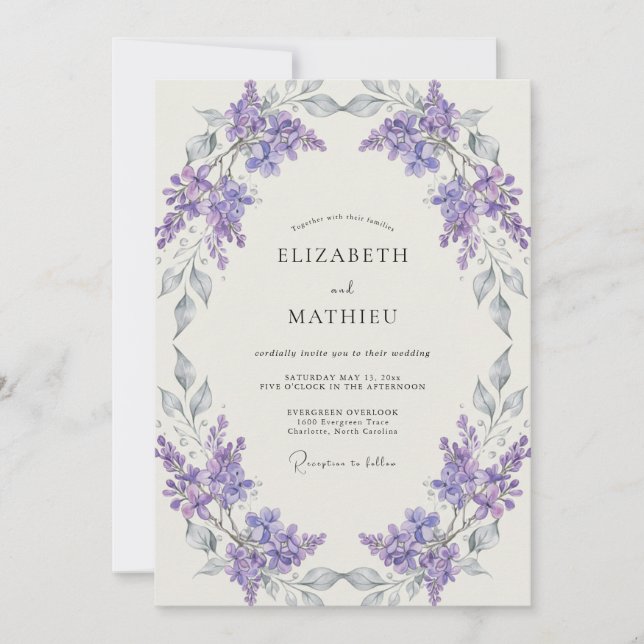 Silver Violet Wreath Wedding Invitation (Front)