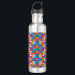 Silver water bottle with a vibrant<br><div class="desc">Silver water bottle with a vibrant,  symmetrical geometric pattern. The colorful design includes orange,  blue,  green,  and red shapes,  creating a lively and modern look.</div>