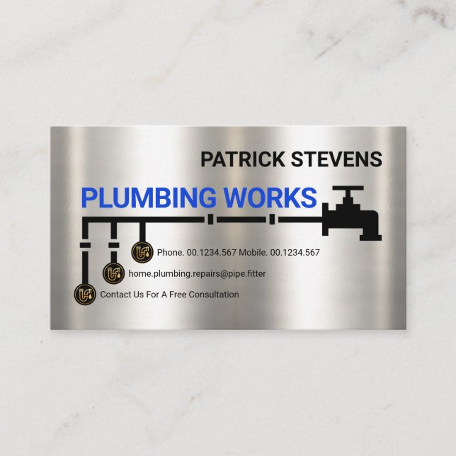 Silver Water Pipe Line Plumbing Business Card (Front)