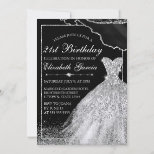 Silver Watercolor Dress & agate 21st Birthday Invitation