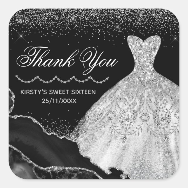 Silver Watercolor Dress & Glam Edge Sweet 16 Square Sticker (Front)