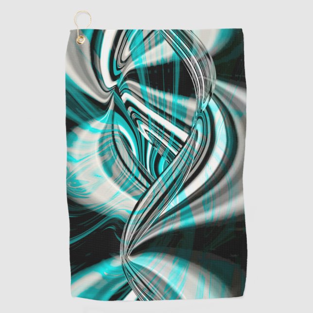Silver wavy curves under cyan green smoke on dark golf towel (Front)