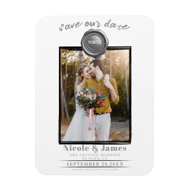 Silver Wax Seal Photo Wedding Save the Date Magnet (Vertical)