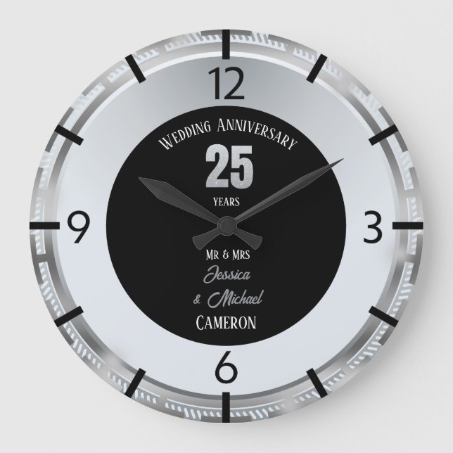 Silver Wedding Anniversary 25 Years Personalized Large Clock (Front)