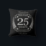 Silver wedding anniversary 25 years throw pillow<br><div class="desc">A design to celebrate 25 years of marriage. This design has a silver (grey) coloured laurel design on a black background. Silver is the traditional gift for this occasion. The text reads Silver 25 years anniversary. A romantic design to celebrate your 25th year of marriage. If you would like any...</div>