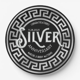 Silver Wedding Anniversary Art Deco 25th Glitter Paper Plate