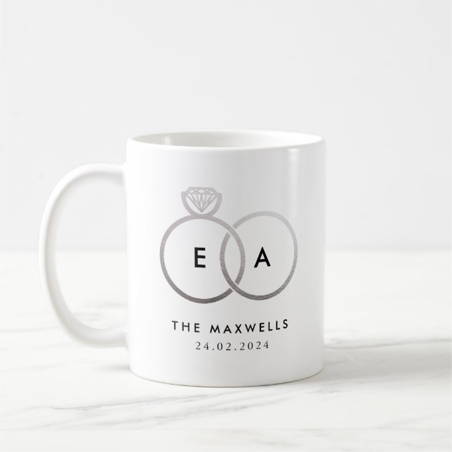 Silver Wedding Ring Monogram with Date Coffee Mug (Left)