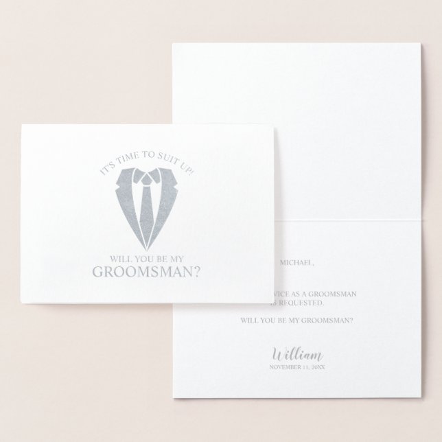 Silver Wedding Suit and Tie Groomsman Proposal Foil Card (Display)