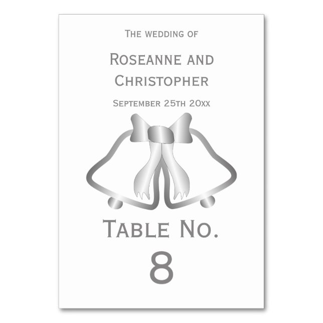 Silver Wedding Table Number Card Bells And Ribbon (Front)